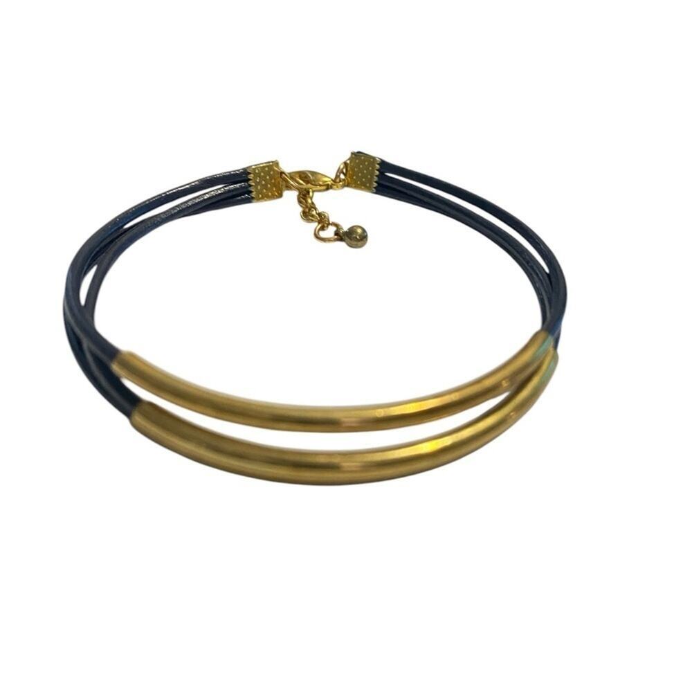 Black Leather, Stackable Leather Strand Bracelets, Gold Plated Tube Bead Cuff